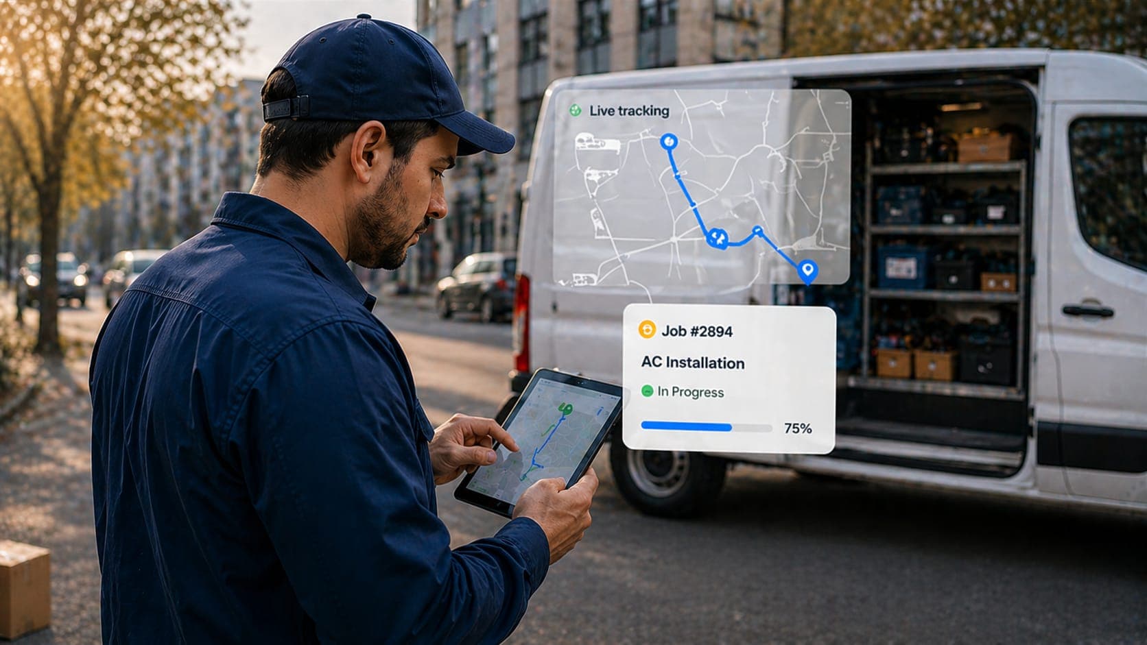Field service technician using a tablet near a service van